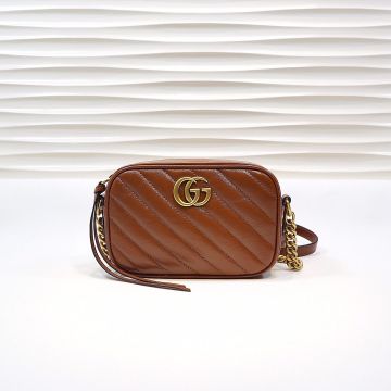  Gucci GG Marmont Brown Twill Quilted Leather Gold Double G Logo Zip Closure Low Price Mini Shoulder Bag For Ladies