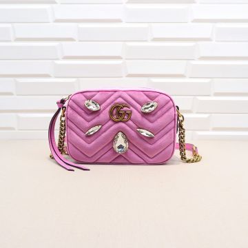 Online Brass Double G Logo Drop Crystal Detail Rose Pink Wave Quilted Leather GG Marmont— Gucci New Women'S Crossbody Bag