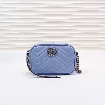 Clone Gucci GG Marmont Light Blue Leather V Quilted Front Back Double G Pattern Fantasy Style Women'S Favorite Shoulder Bag