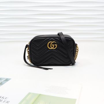 Chic Black Leather V Quilting Design Vintage Gold Double G Logo Top Zip GG Marmont— Gucci Fashion Women'S Crossbody Bag