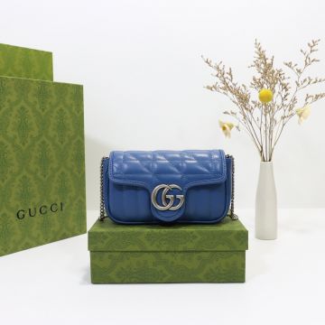  Gucci GG Marmont Blue Leather Vertical Diagonal Quilted Detail Flap Double G Logo Super Mini Bag For Ladies