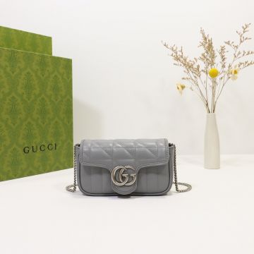  Gucci GG Marmont Grey Quilted Look Silver Double G Logo Long Keychain Strap Detail Simple Ladies Super Mini Bag