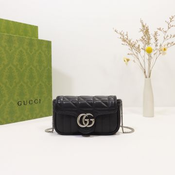 Best Website Black Leather Vertical Quilting Pattern Flap Snap Palladium Hardware GG Marmont— Gucci Classic Women'S Super Mini Bag
