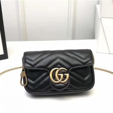 Black V Quilted Leather Flap Brass Double G Chain Design GG Marmont— Gucci Women Super Mini Bag