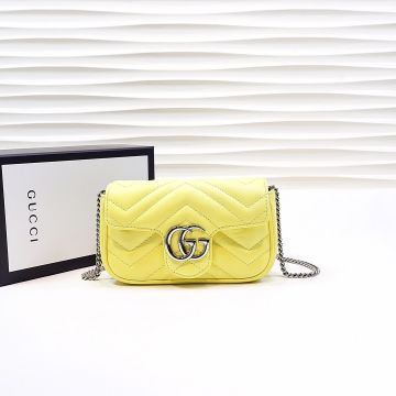 For Sale Lemon Yellow V Quilted Look Shiny Silver Double G Chain Shoulder Strap GG Marmont— Gucci Ladies Summer Super Mini Bag