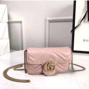 Clone Gucci GG Marmont Baby Pink Leather Flap Quilted Look Gold Hardware Super Mini Messenger Bag For Female
