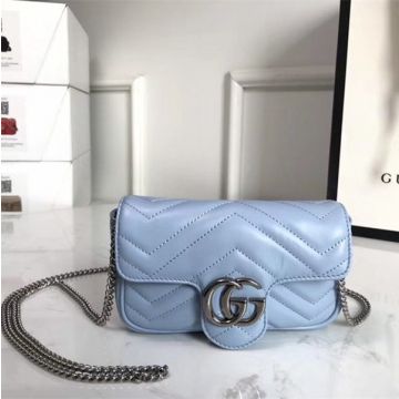 High End Light Blue Quilted Leather Shiny Silver Double G Logo Snap Closure GG Marmont— Gucci Women'S Super Mini Crossbody Bag