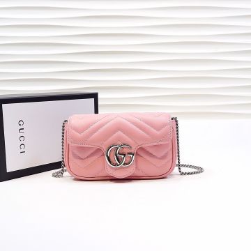 Top Quality Light Pink Leather Quilted Flap Silver Double G Logo GG Marmontc Gucci Super Mini Shoulder Bag For Girls