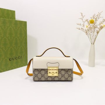  Gucci Padlock Burnt Orange Handle & Trim GG Supreme Canvas Ivory Leather Lock Closure Adjustable Strap Female Flap Bag
