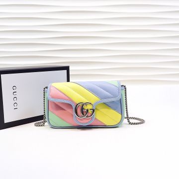  Gucci GG Marmont Pastel Twill Quilted Leather Blue Trim Silver Double G Logo Pre-Fall Women'S Super Mini Bag