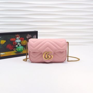 Hot Selling Gold Double G Logo Light Pink Leather Wave Quilted Chain Strap GG Marmont—Imitated Gucci Cute Super Mini Bag For Ladies