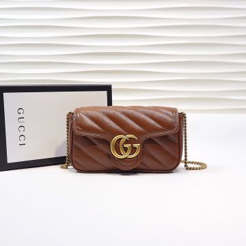 Best Discount Brown Diagonal Quilted Leather Flap Design Gold Double G Logo GG Marmont—Fake Gucci Women'S Super Mini Crossbody Bag