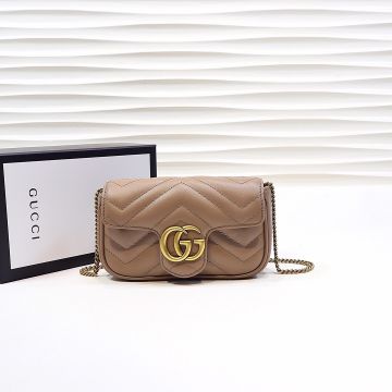 Clone Gucci GG Marmont Rose Beige Leather V Quilting Gold Double G Detail Snap Closure Super Mini Bag For Gentle Girls