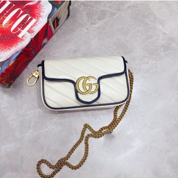 Top Sale White Twill Quilted Leather Dark Blue Trim Gold Twist Double G Detail GG Marmont—Fake Gucci Chain Mini Bag For Ladies