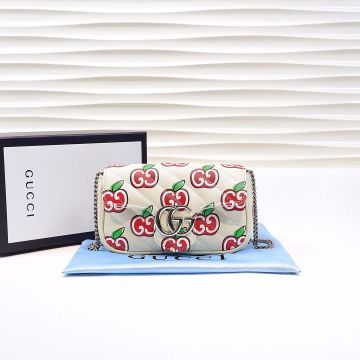 Faux Gucci GG Marmont White Leather Diagonal Quilted Red Apple Pattern Bright Silver Double G Logo Cute Mini Crossbody Bag For Ladies
