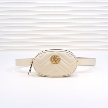Top Quality White Leather V Quilting Design Vintage Gold Double G Adjustable Wide Belt GG Marmont—Replica Gucci Elegant Belt Bag For Ladies