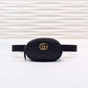 Imitated Gucci GG Marmont Black Matelassé Leather Gold Double G Logo Mountain Pattern Cowhide Zip Closure Bum Bag
