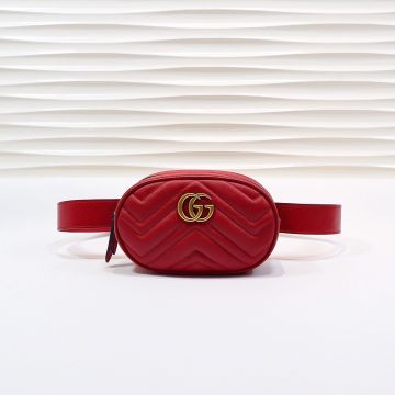 For Sale Herringbone Quilted Red Leather Gold Double G Zip Closure GG Marmont—Fake Gucci Fashion Belt Bag For Women