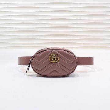 Hot Selling Grey-Pink Leather V Quilting Design Gold Hardware Double G Detail Zip GG Marmont—Copy Gucci Gentle Bum Bag For Girls