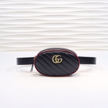 Replica Gucci GG Marmont Diagonal Quilted Black Leather Gold Double G Logo Top Zipper Women'S Belt Bag
