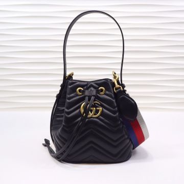 Low Price Black Quilted Leather Brass Double G Drawstring Closure GG Marmont Collection— Gucci Classic Bucket Bag For Ladies