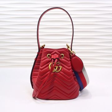 For Sale Red Wave Quilted Leather Vintage Gold Double G Red Blue White Web Strap GG Marmont— Gucci Women's Street Fashion Bucket Bag