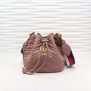  Gucci GG Marmont Nude Pink Leather V Quilted Design Gold Double G Red White Blue Web Strap Women's Fashion Bucket Bag