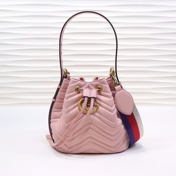 Good Review Light Pink Wave Quilted Look Top Handle Drawstring Closure Gold Double G Logo GG Marmont— Gucci Gentle Bucket Bag