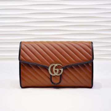 Replica Gucci GG Marmont Orange Leather Black Trim Twill Design Gold Double G Logo Flap Closure Ladies Clutch