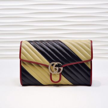  Gucci GG Marmont Black Wave Quilted Leather Brass Double G Detail Flap Magnetic Closure Clutch Bag For Women