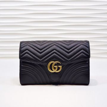 For Sale Black Leather Diagonal Quilting Gold Double G Marker Magnetic Closure GG Marmont Clone Gucci Simple Women'S Clutch Bag