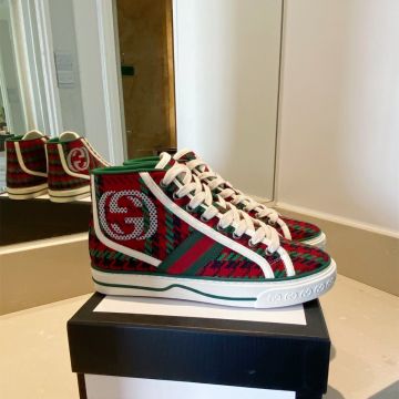 Best Gucci Tennis 1977 Oversized GG Logo Pattern Unisex Green & Blue Braided High Top Red Fabric Sneakers