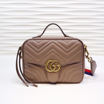  Gucci GG Marmont Rose Beige Wavy Quilted Leather Top Zip Closure Front Gold Double G Flap Magnetic Crossbody Bag For Ladies