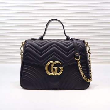  Gucci GG Marmont Black Matelasse Leather Flap Magnetic Closure Gold Double G Logo Ladies Trapezoid Medium Crossbody Bag