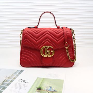 Best Site Red Matelasse Leather Flap Design Gold Double G Top Handle GG Marmont— Gucci Trapezoidal Ladies Tote Bag