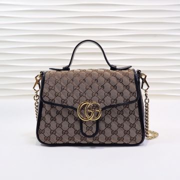 For Sale Beige Canvas Twill Quilted Black Leather Trim Gold Double G Detail GG Marmont— Gucci Classic Small Women'S Tote
