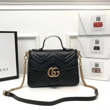  Gucci GG Marmont Collection Black Leather V-Quilted Spring Closure Brass Double G Detail Ladies Small Tote Bag