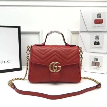 Good Review Red Wave Quilted Top Handle Double G Logo GG Marmont— Gucci Pretty Small Tote Bag For Ladies 