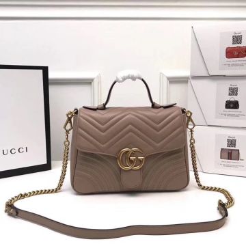  Gucci GG Marmont Small Ladies Rose Beige Leather V-Quilted Front Flap Gold Double G Spring Buckle Closure Handle Bag