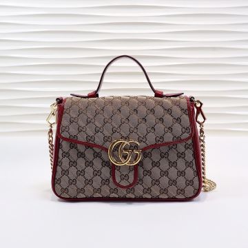 Ebony Canvas Diagonal Quilted Red Trim Double G Spring Buckle Flap GG Marmont— Gucci Versatile Women'S Tote