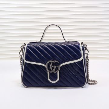 Chic Dark Blue Diagonal Quilted Leather White Trim Silver Twist Double G Logo GG Marmont— Gucci Ladies Small Handle Bag