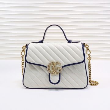  Gucci GG Marmont White Twill Quilted Look Blue Trim Flap Twis Gold Double G Detail Ladies Simple Small Tote Bag