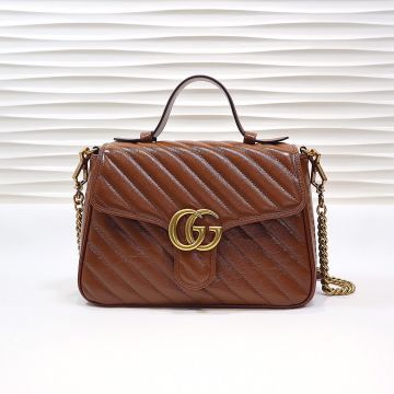 High End Brass Double G Detail Flap Brown Diagonal Quilted Look GG Marmont— Gucci Small Bag For Female