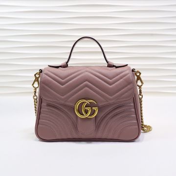  Gucci GG Marmont Nude Pink V Quilted Look Top Handle Flap Brass Double G Detail Gentle Tote For Women