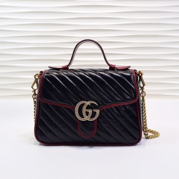 Best Quality Red Leather Trim Black Twill Quilted Gold Twisted Double G Top Handle GG Marmont—Copy Small Gucci Women'S Tote