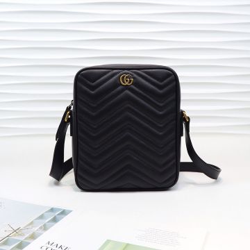 Replica Gucci GG Marmont Collection Unisex Black Quilted V-Shaped Leather Zip Closure Brass Double G Logo Rectangle Travel Shoulder Bag