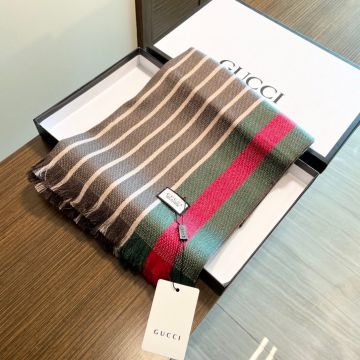  Gucci Red-Green Web Tassel Trimming Detail Coffee & Beige Bicolor Patchwork Long Stripe Design Wool Cappa For Ladies
