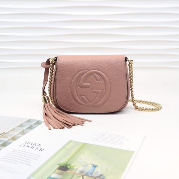 Faux Gucci Light-Pink Calfskin Leather Round GG Mark Tassel Accessory Golden Chain Shoulder Strap Female Flap Bag