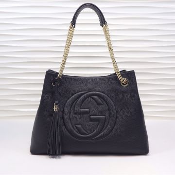  Gucci Soho Two Chain Handles Interlocking Logo Embossed Black Cowhide Leather Women Shoulder Bag
