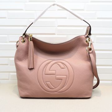 Copy Gucci Soho Soft Pink Cowhide Leather GG Logo Tassel Zip Puller Strap Gold Rivets Metal Detail Ladies Handle Bag